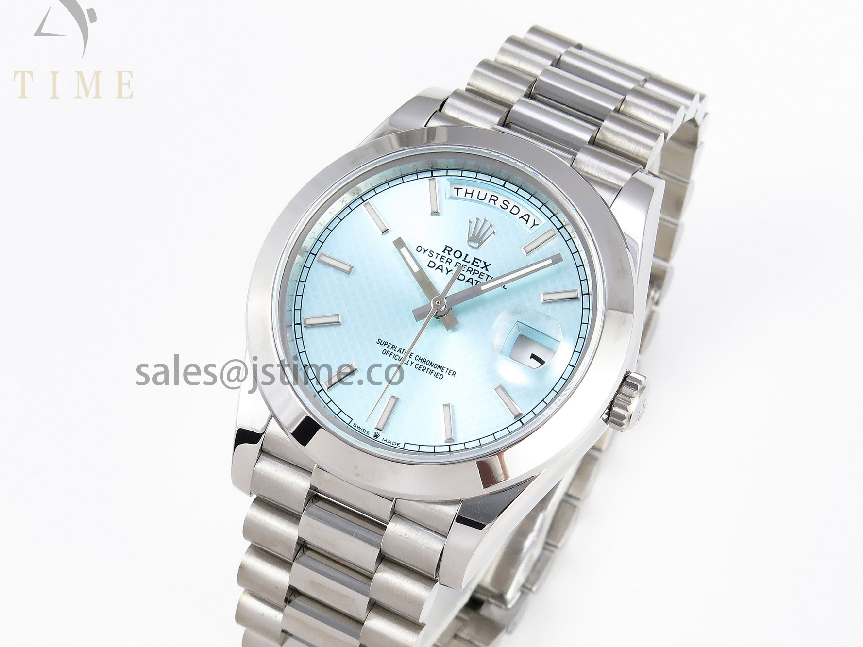 DAY-DATE 40MM 228239 BP NEW DIAL VERSION 904 SS ICE BLUE STICK MARKERS DIAL ON SS PRESIDENT BRACELET A2836