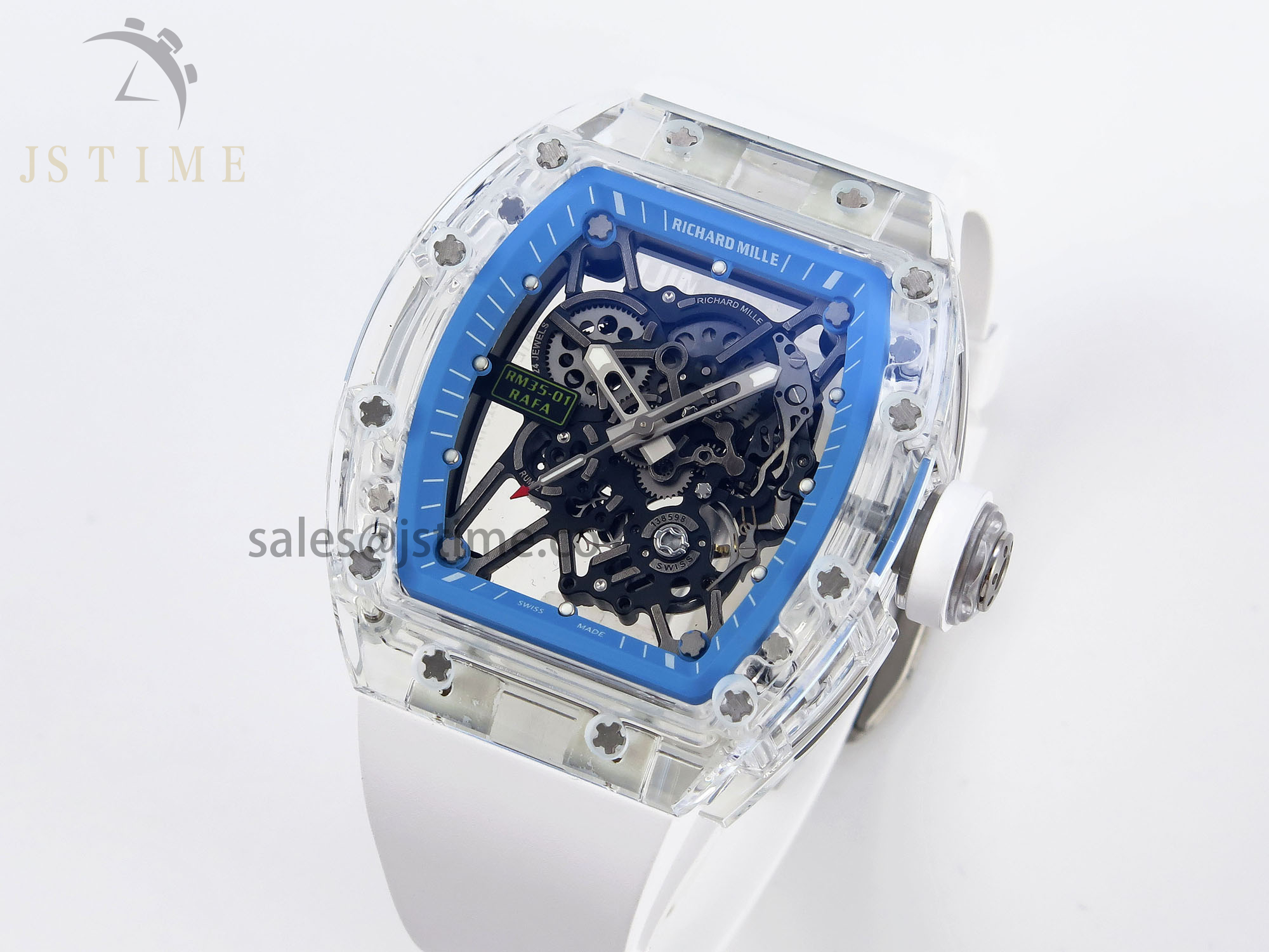 RM035 TRANSPARENT RMF BEST EDITION SKELETON BLUE DIAL ON WHITE RUBBER STRAP CLONE RMUL2